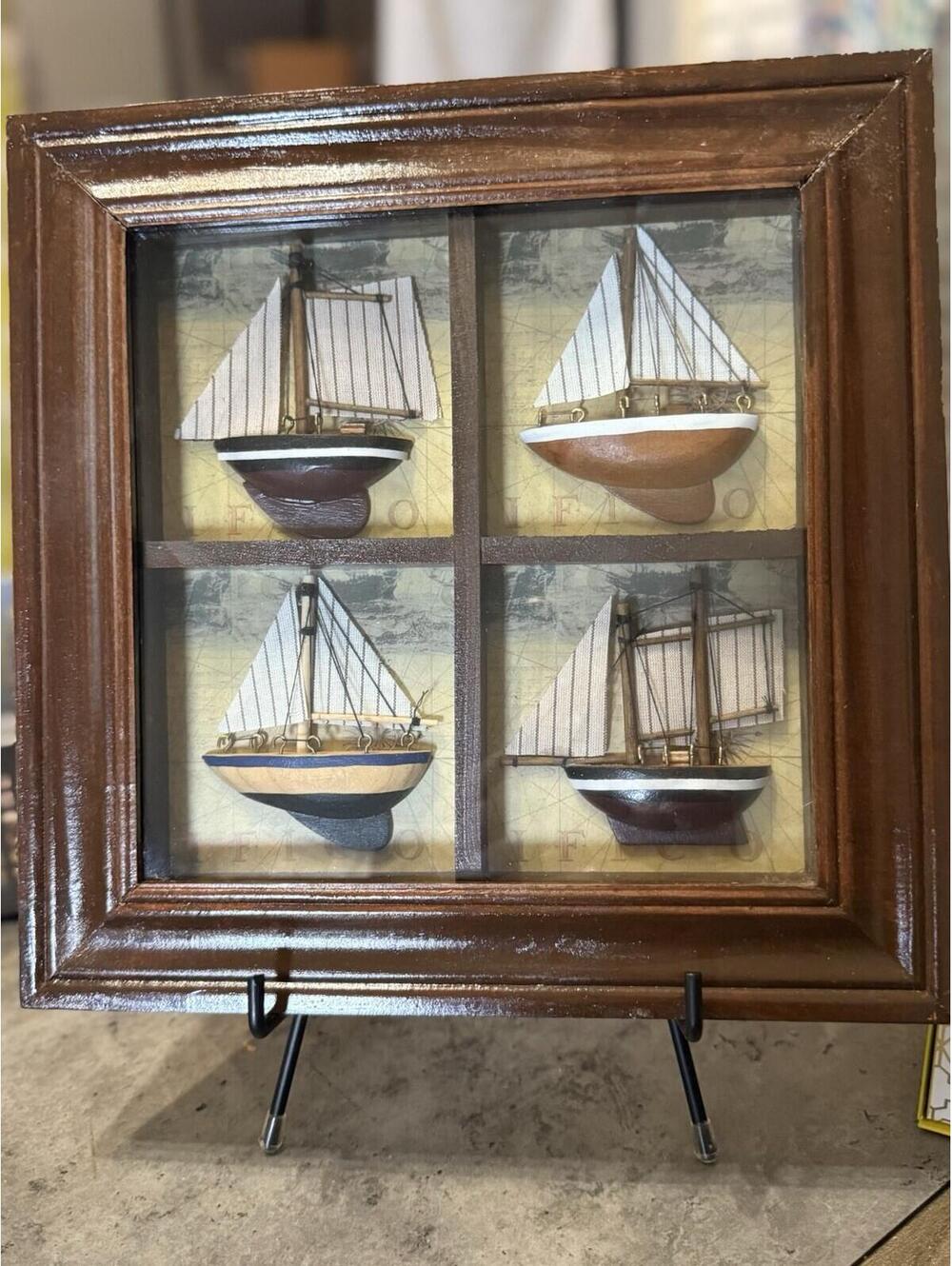 Nautical Shadow Box – Framed Sailboat Models 11" x 11" x 1" Vintage Lake Beach